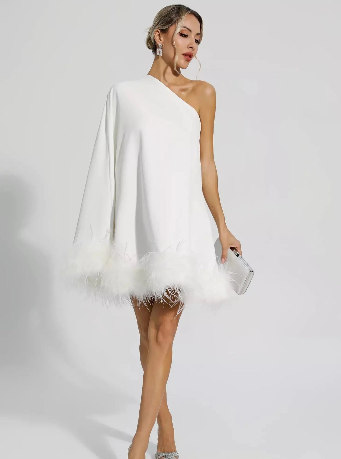 White Feather Trim Asymmetric Dress - Shooting Star