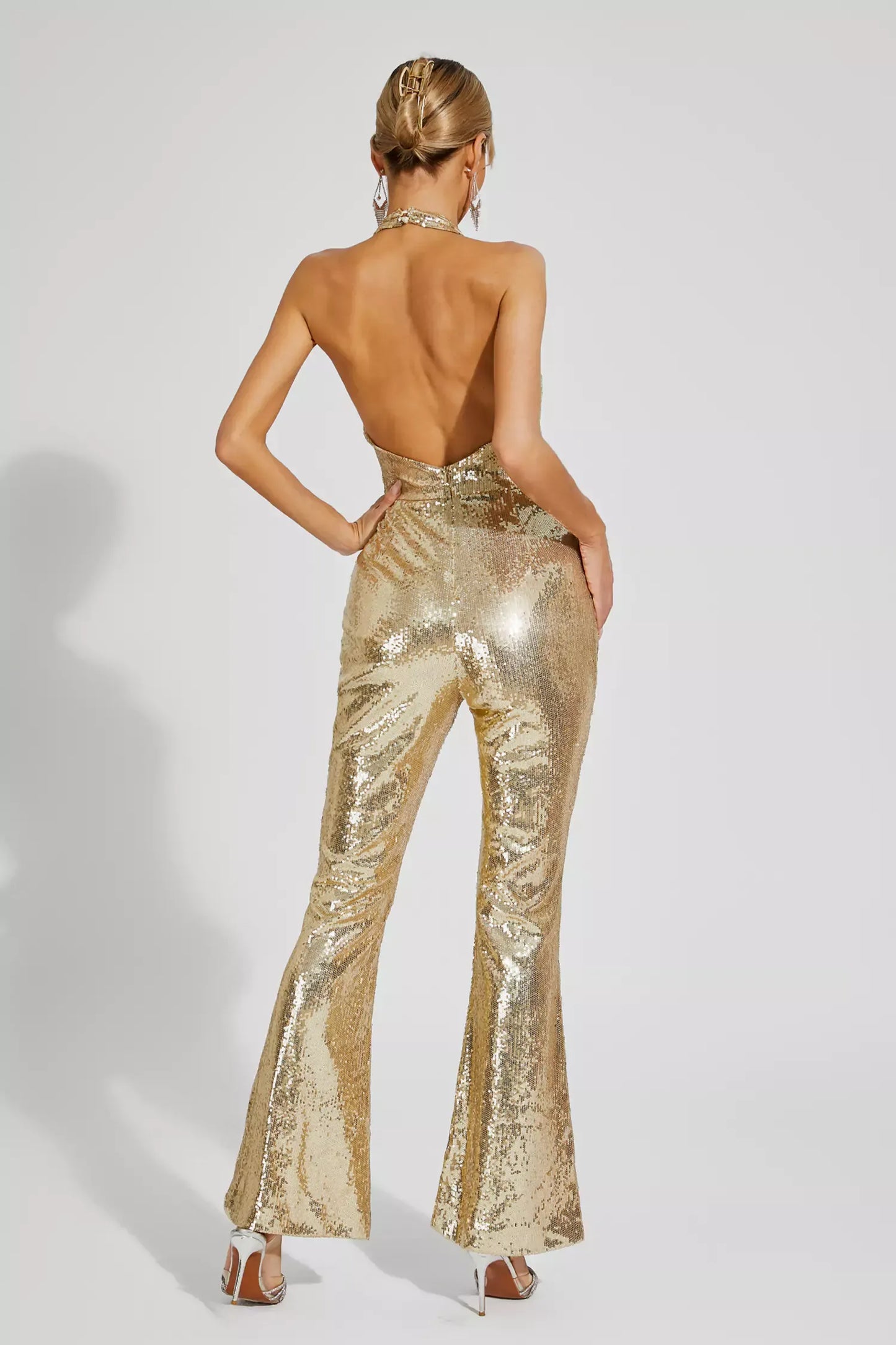 Kelly Gold Sequin Backless Jumpsuit