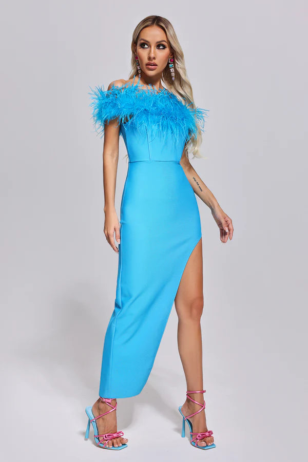 Robe bandage prestige en plumes d'autruche bleue Mara