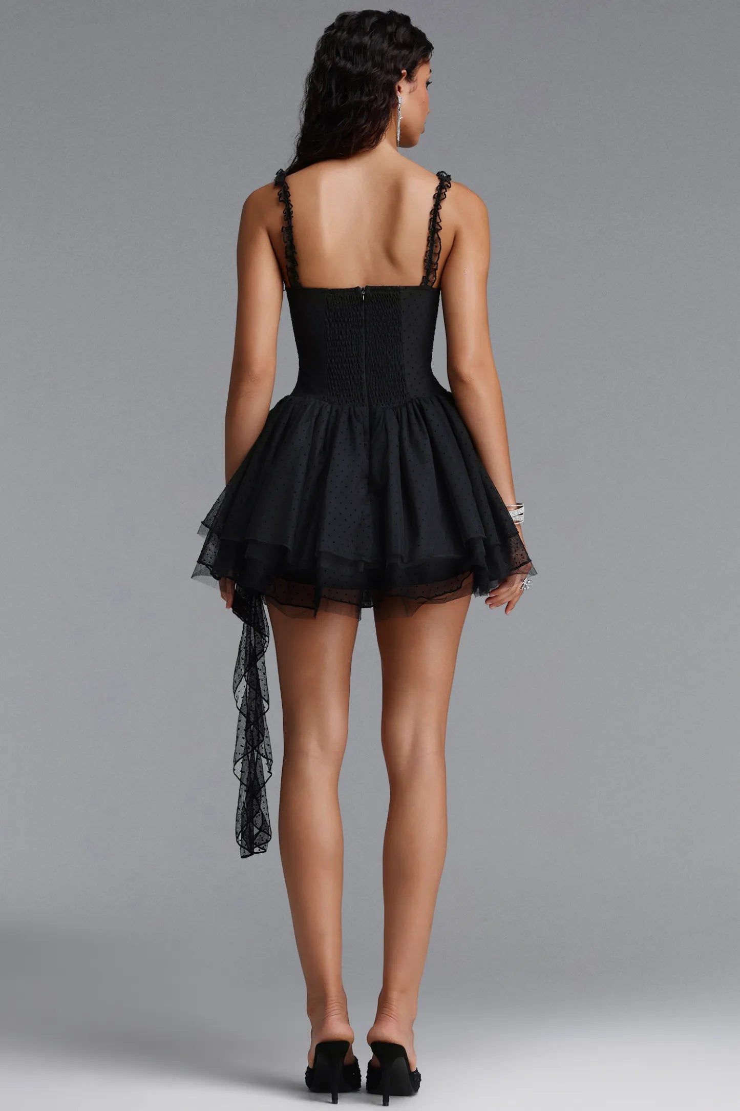 Colette Dress – Polka Dot Bustier Asymmetrical Tulle Train Mini Dress