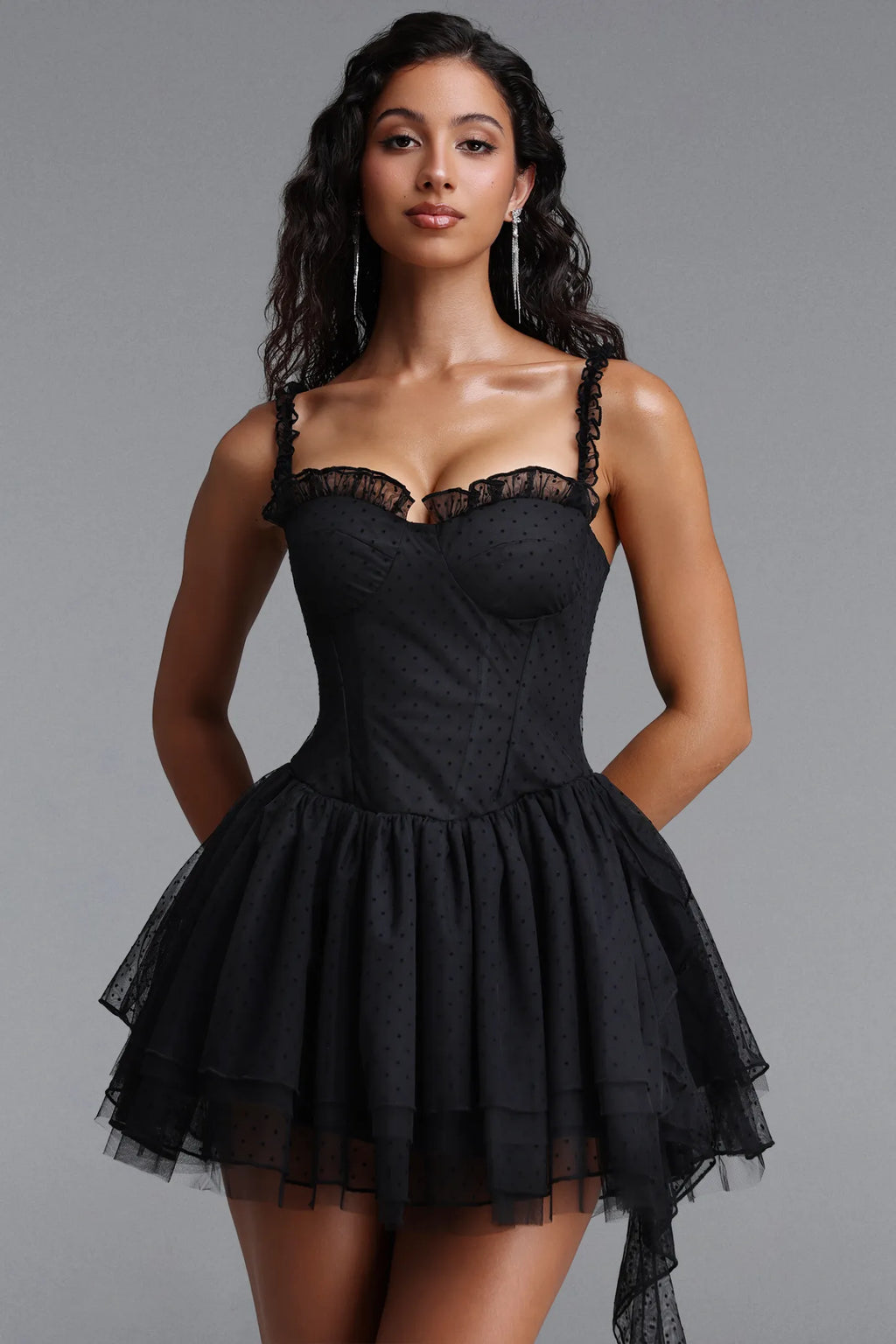 Colette Dress – Polka Dot Bustier Asymmetrical Tulle Train Mini Dress