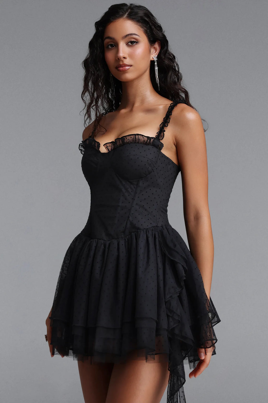 Colette Dress – Polka Dot Bustier Asymmetrical Tulle Train Mini Dress