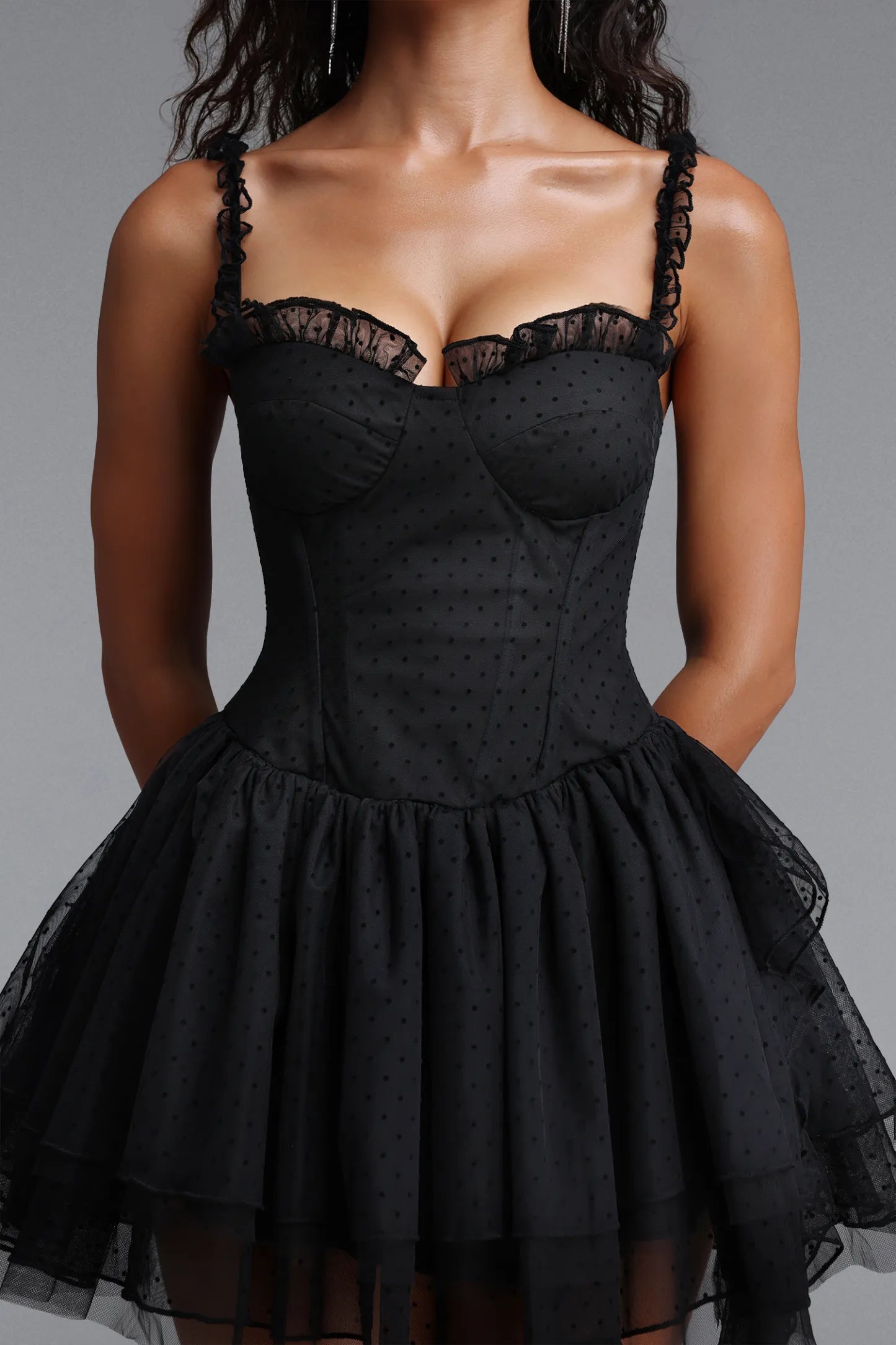 Colette Dress – Polka Dot Bustier Asymmetrical Tulle Train Mini Dress
