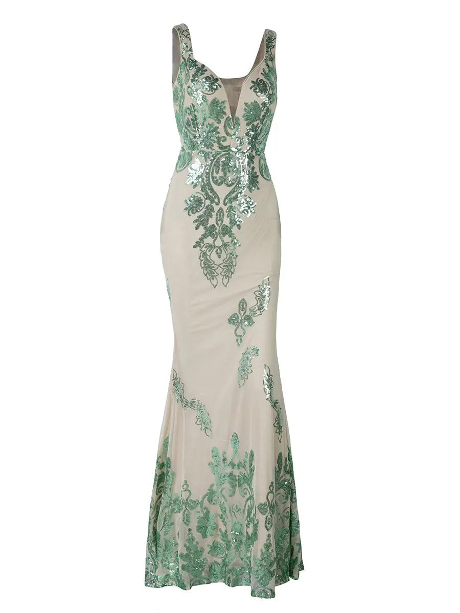 Long evening dress in pearly sand color with apple green sequins