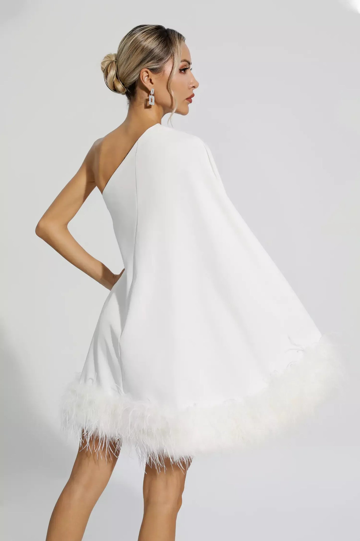 White Feather Trim Asymmetric Dress - Shooting Star