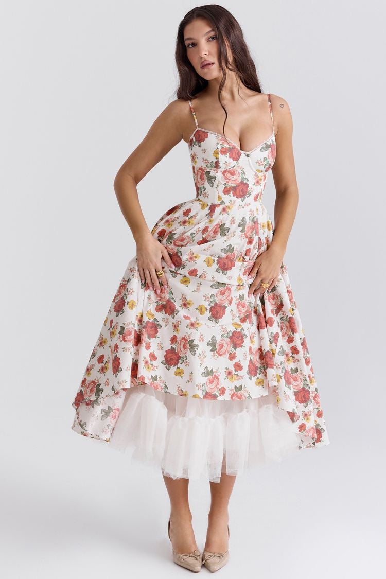 Italian Rose Print en tulle Longue
