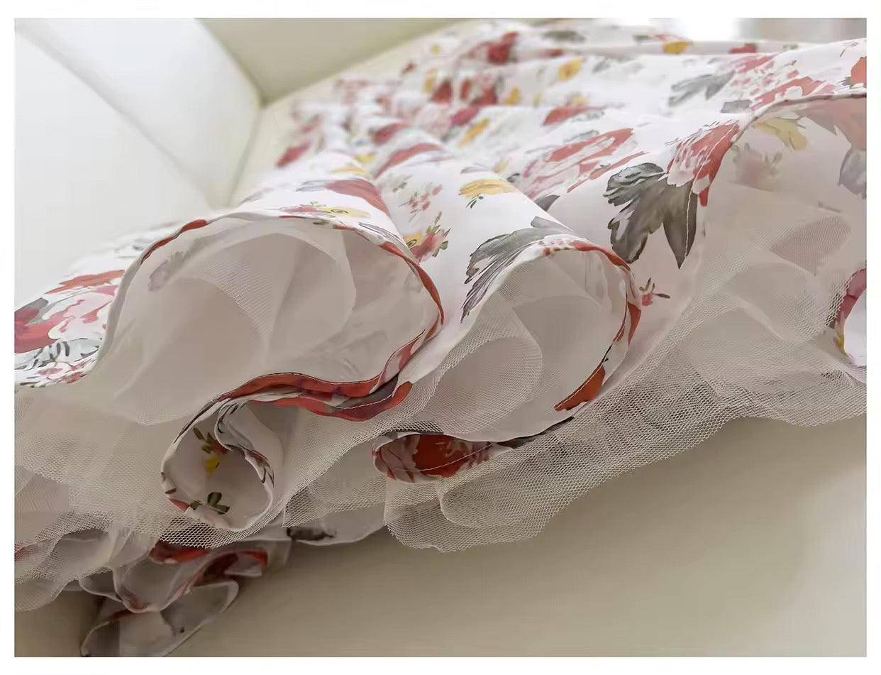 Italian Rose Print en tulle Longue