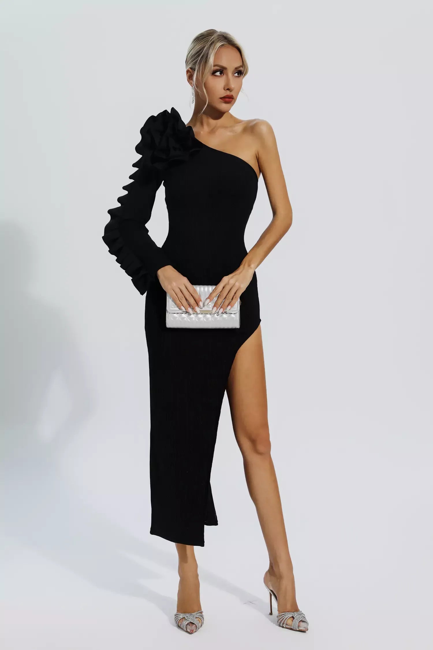 Robe mi-longue bandage prestige à fleurs noir opale