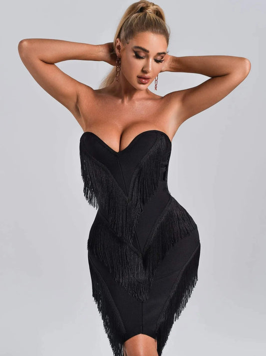 Black Prestige Bandage Dress with Mystic Fringe