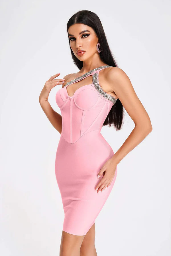 Robe bandage prestige de cocktail en cristal Hanny - Pink