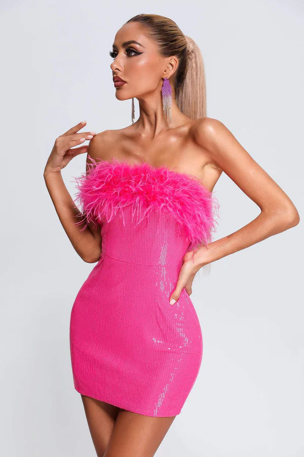 Robe courte à plumes et sequins Roto