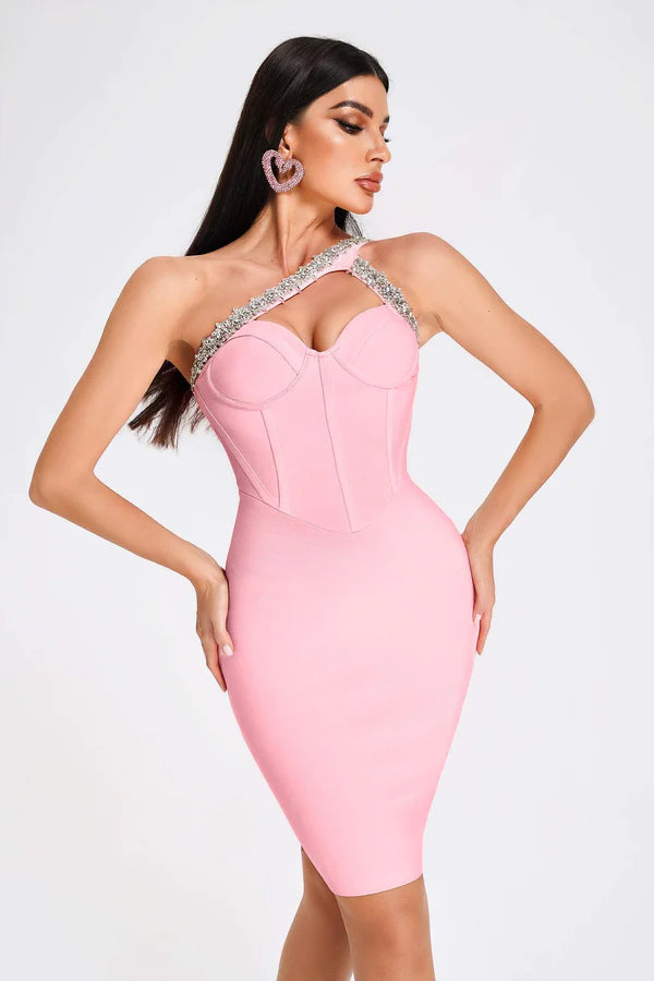 Robe bandage prestige de cocktail en cristal Hanny - Pink